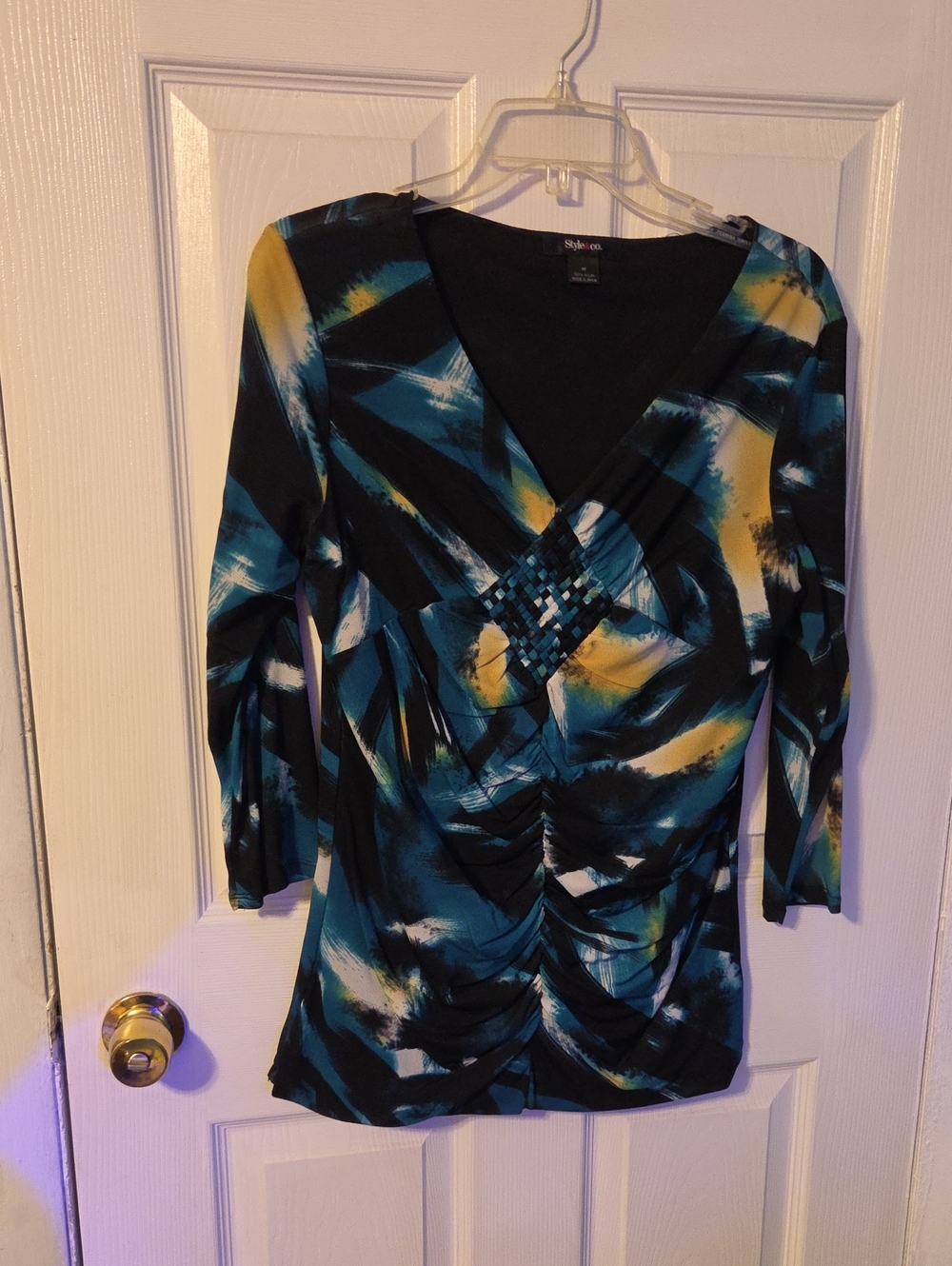 Style & Co. Teal, Black & Yellow Abstract V-Neck Blouse